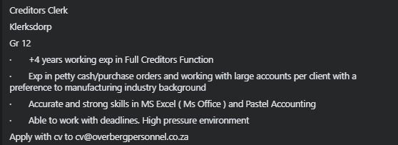 klerksdorp vacancy