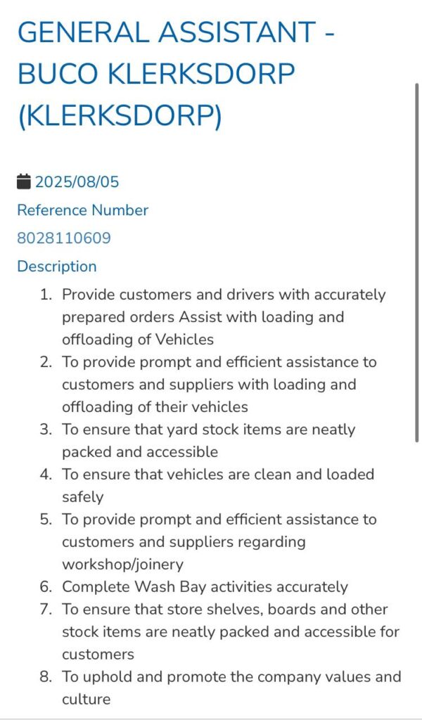 klerksdorp vacancy yard assistant