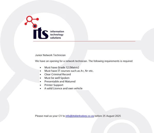 klerksdorp vacancy junior network technician