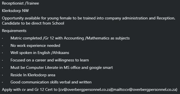 klerksdorp vacancy receptionist trainee