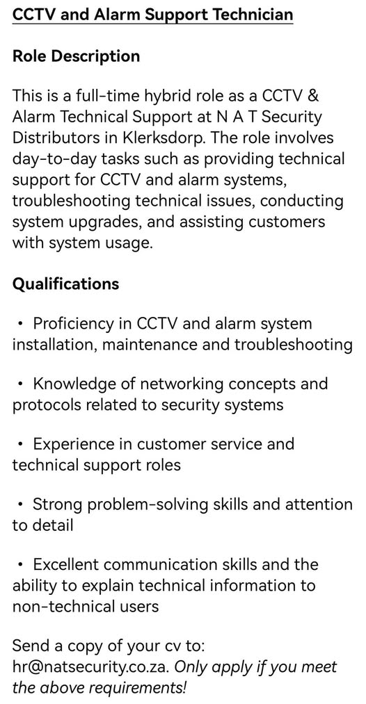 CCTV and Alarm Support Technician Klerksdorp