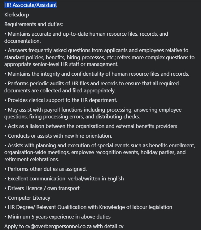 HR Associate/Assistant Klerksdorp