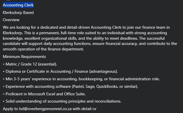 Accounting Clerk - Klerksdorp