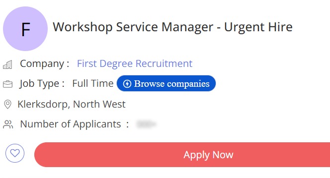 Workshop Service Manager vacancy Klerksdorp