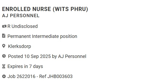 Enrolled Nurse (Wits PHRU) Klerksdorp