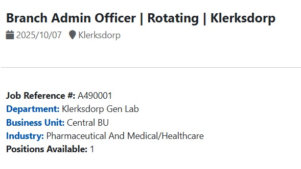 branch admin officer rotating vacancy klerksdorp