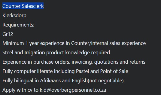 counter sales clerk vacancy klerksdorp
