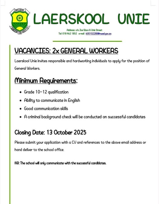 general worker vacancy klerksdorp
