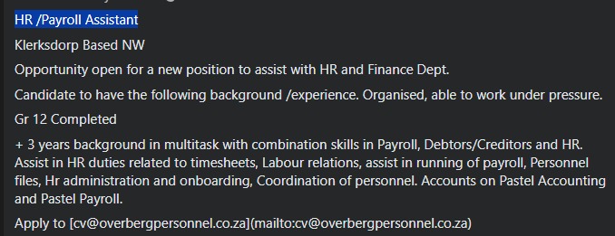hr payroll assistant vacancy klerksdorp