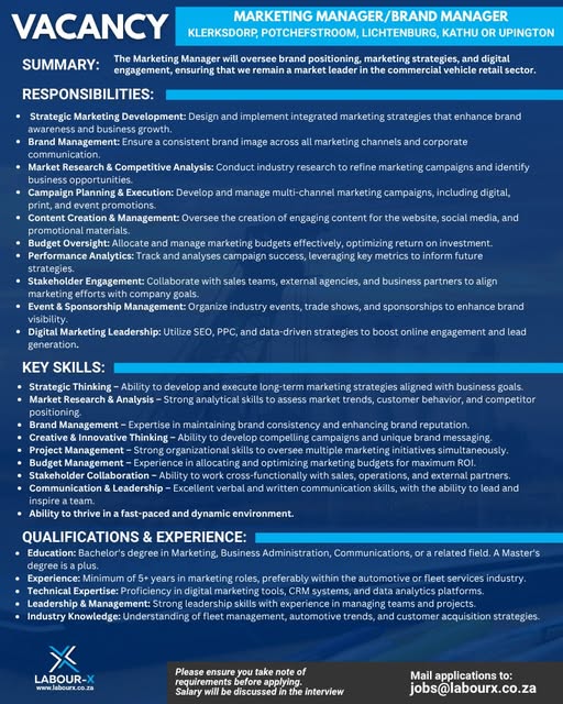 marketing manager brand manager vacancy klerksdorp