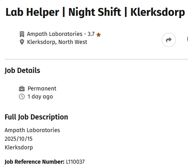 night shift lab helper vacancy klerksdorp