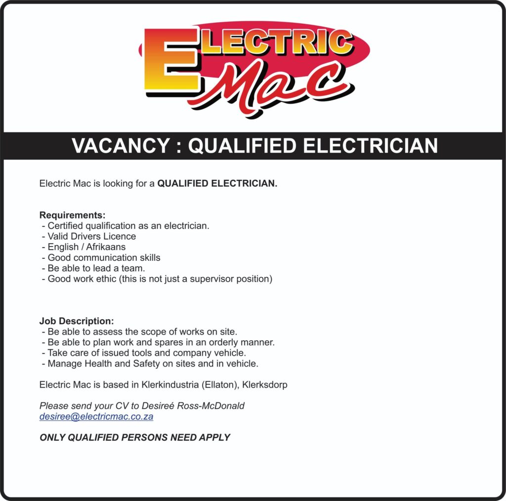 qualified electrician vacancy klerksdorp
