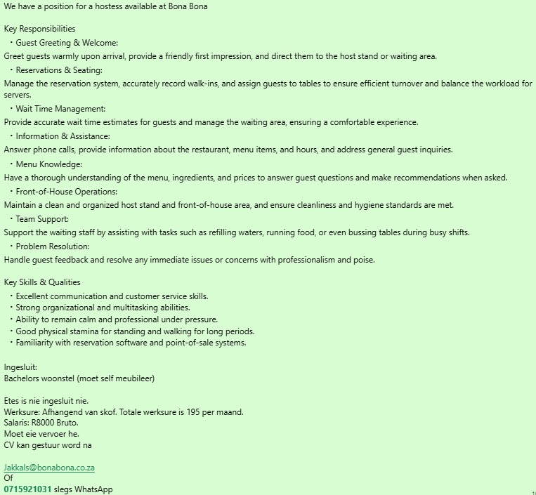 restaurant hostess vacancy klerksdorp area