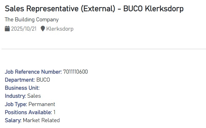 sales representative vacancy klerksdorp