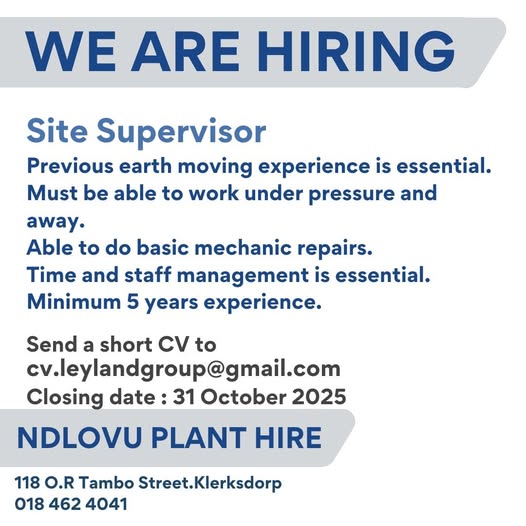 site supervisor vacancy klerksdorp