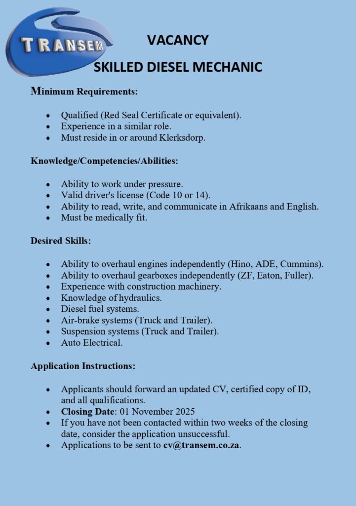 skilled diesel mechanic vacancy klerksdorp