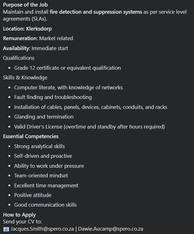 specialized support technician vacancy klerksdorp