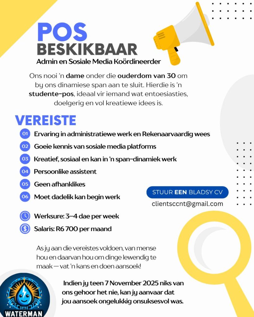 admin and social media co ordinator vacancy klerksdorp