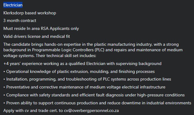 Electrician - Klerksdorp vacancy