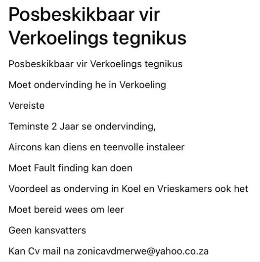 refridgeration technician vacancy klerksdorp