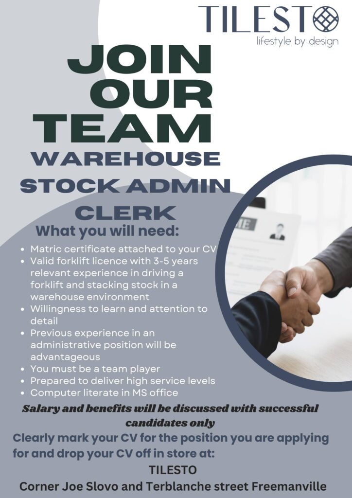 warehouse stock admin clerk vacacny klerksdorp
