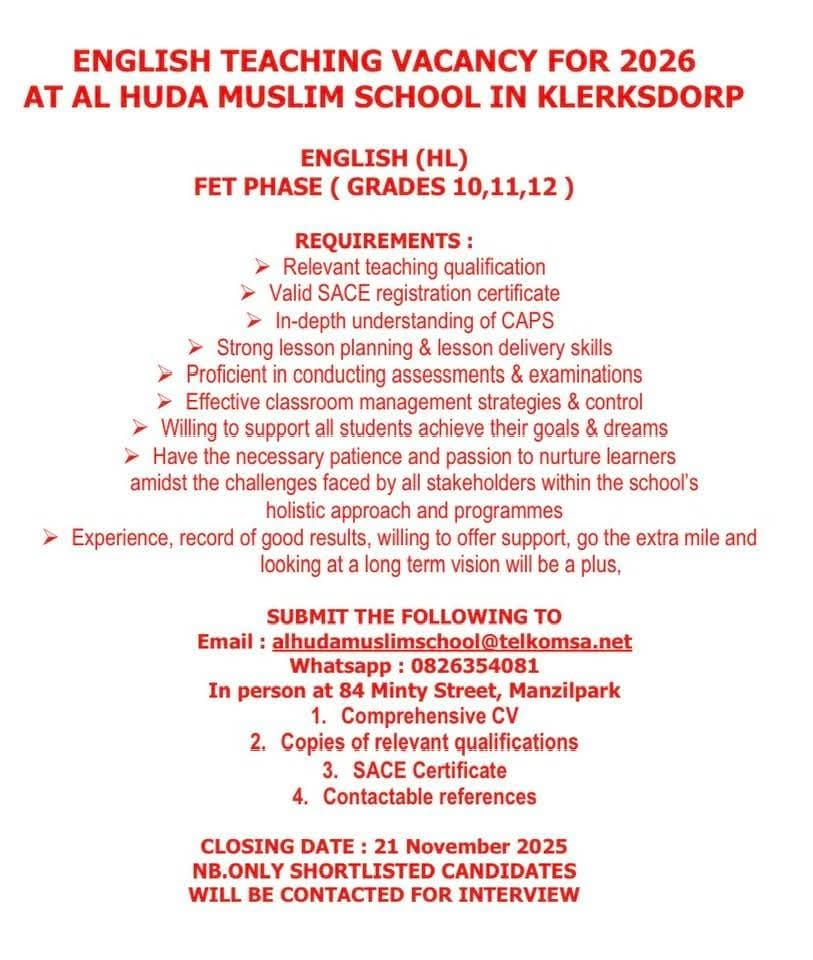 english fet teacher vacancy klerksdorp