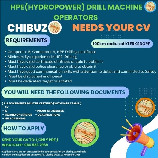 hpe (hydropower) drill machine operators vacancy klerksdorp