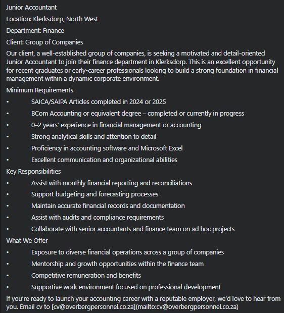 junior accountant vacancy klerksdorp