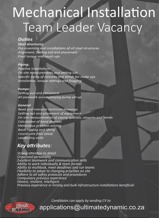 mechanical installation team leader vacancy klerksdorp