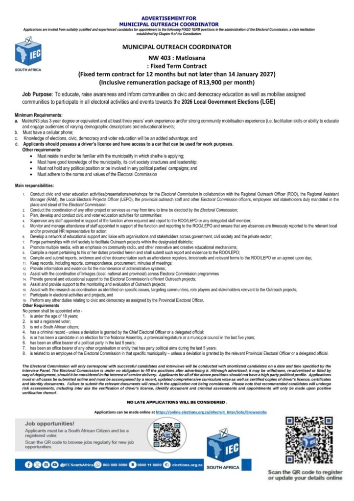 municipal outreach facilitator vacancy klerksdorp