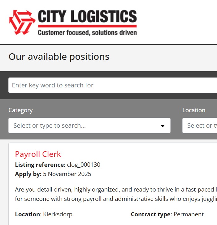 payroll clerk vacancy klerksdorp