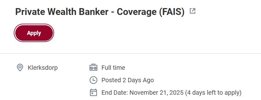 private wealth banker vacancy klerksdorp