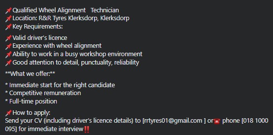 qualified wheel alignment technician vacancy klerkdsorp