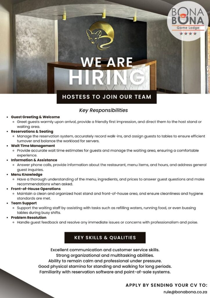 restaurant hostess vacancy klerksdorp