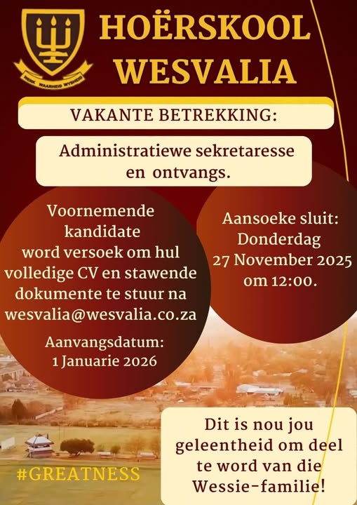 secretary and reception vacancy klerksdorp