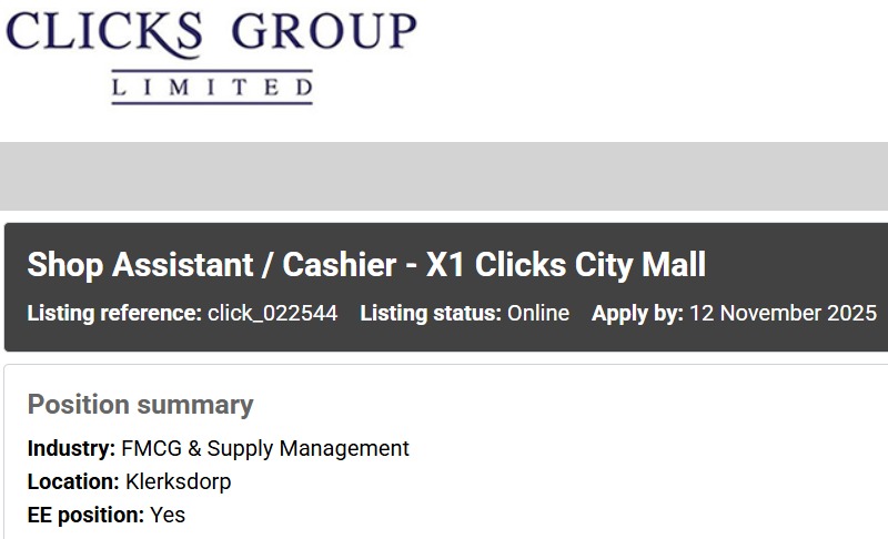shop assistant cashier vacancy klerksdorp