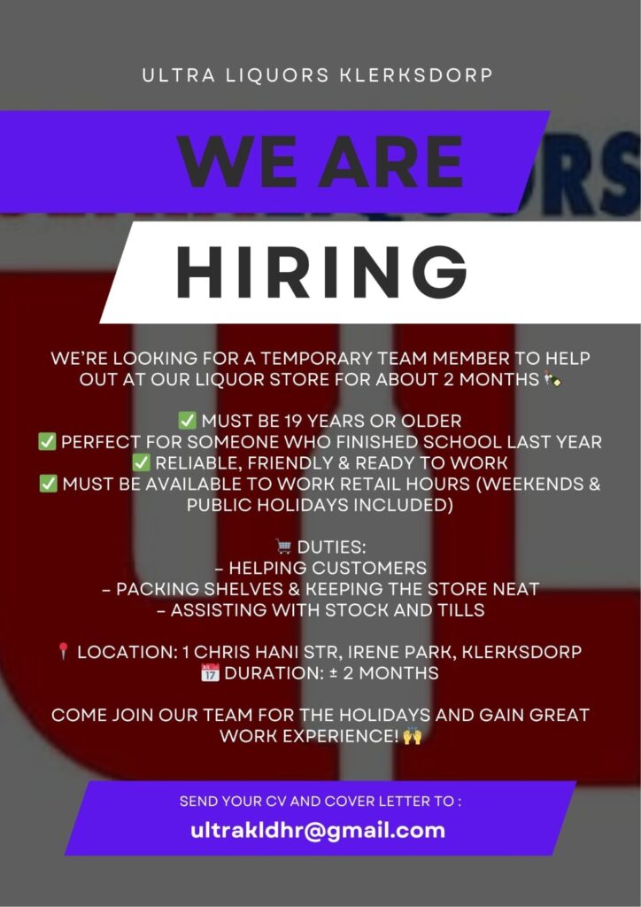 temporary shop assistant vacancy klerksdorp