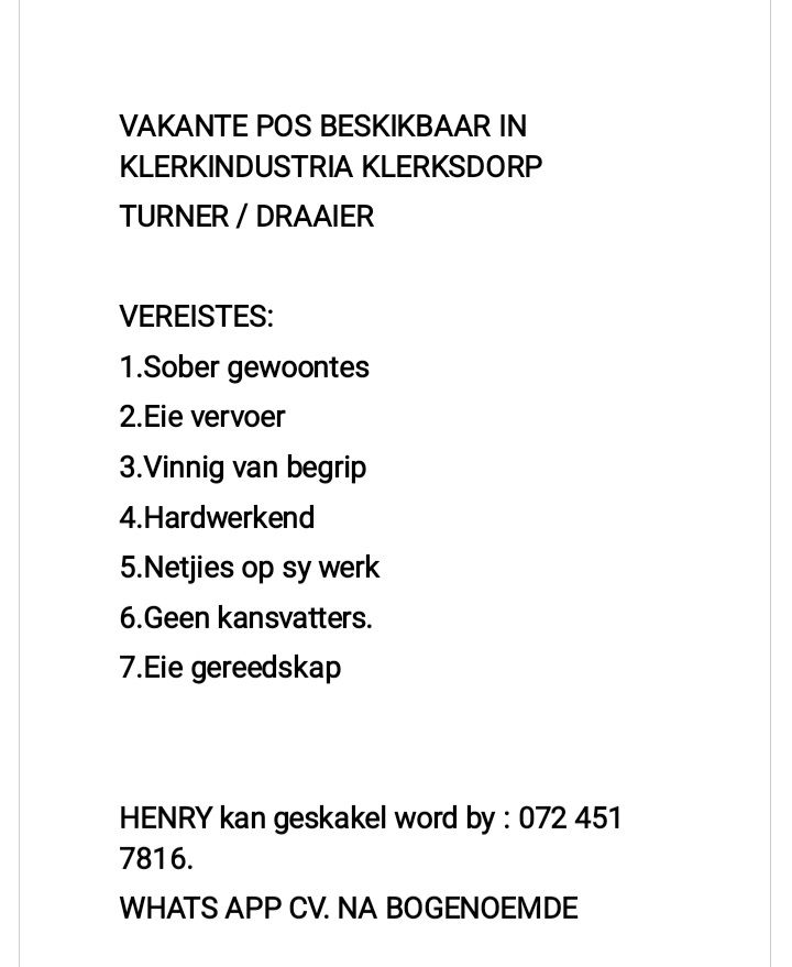 fitter and turner vacancies klerksdorp