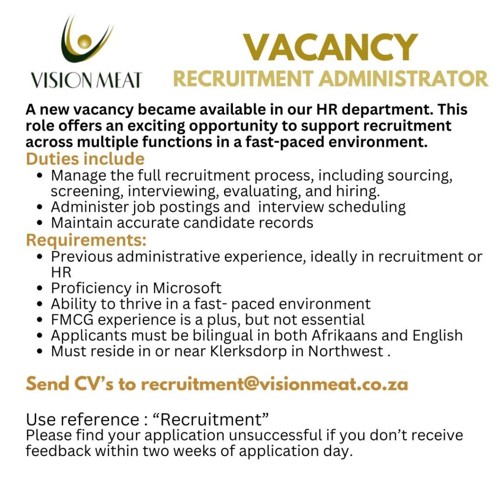 recruitment administrator vacancy klerksdorp