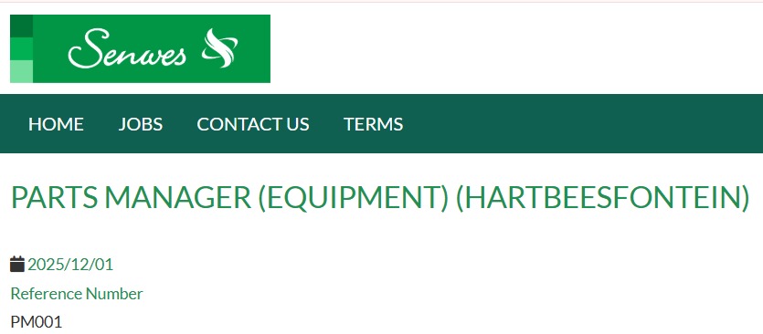 parts manager (equipment) (hartbeesfontein) vacancy klerksdorp