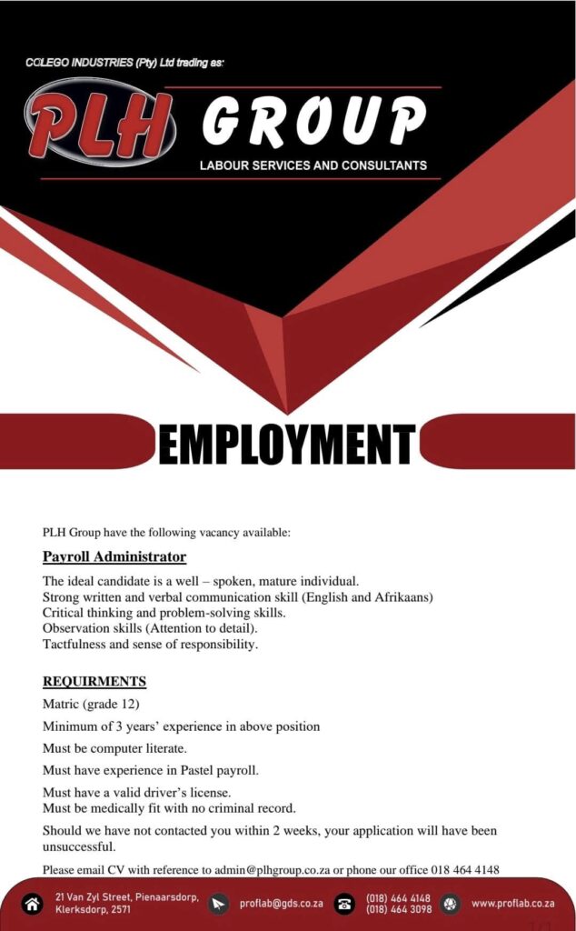 Payroll Administrator Klerksdorp vacancy