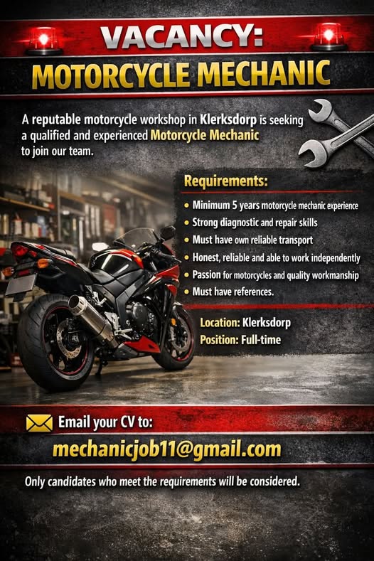 Motorcycle Mechanic – Klerksdorp vacancy