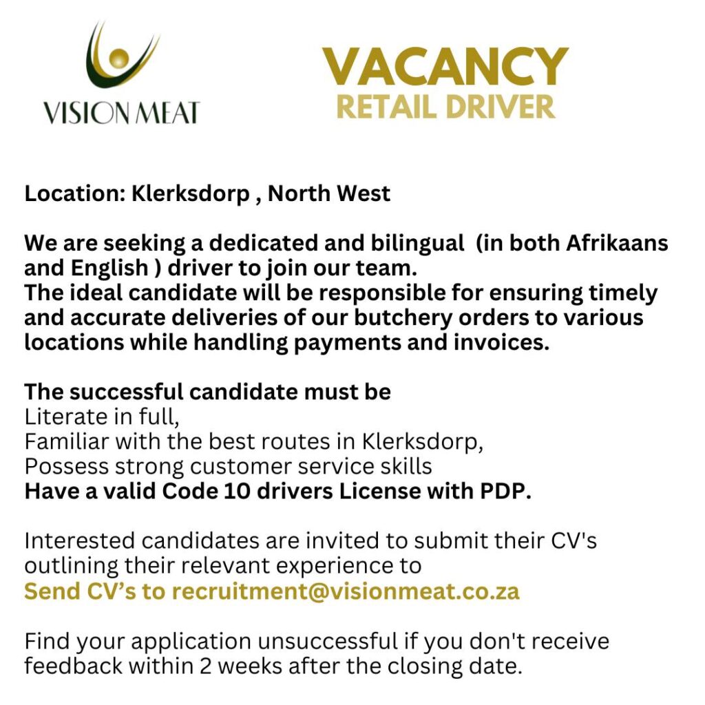 Retail Driver – Klerksdorp vacancy