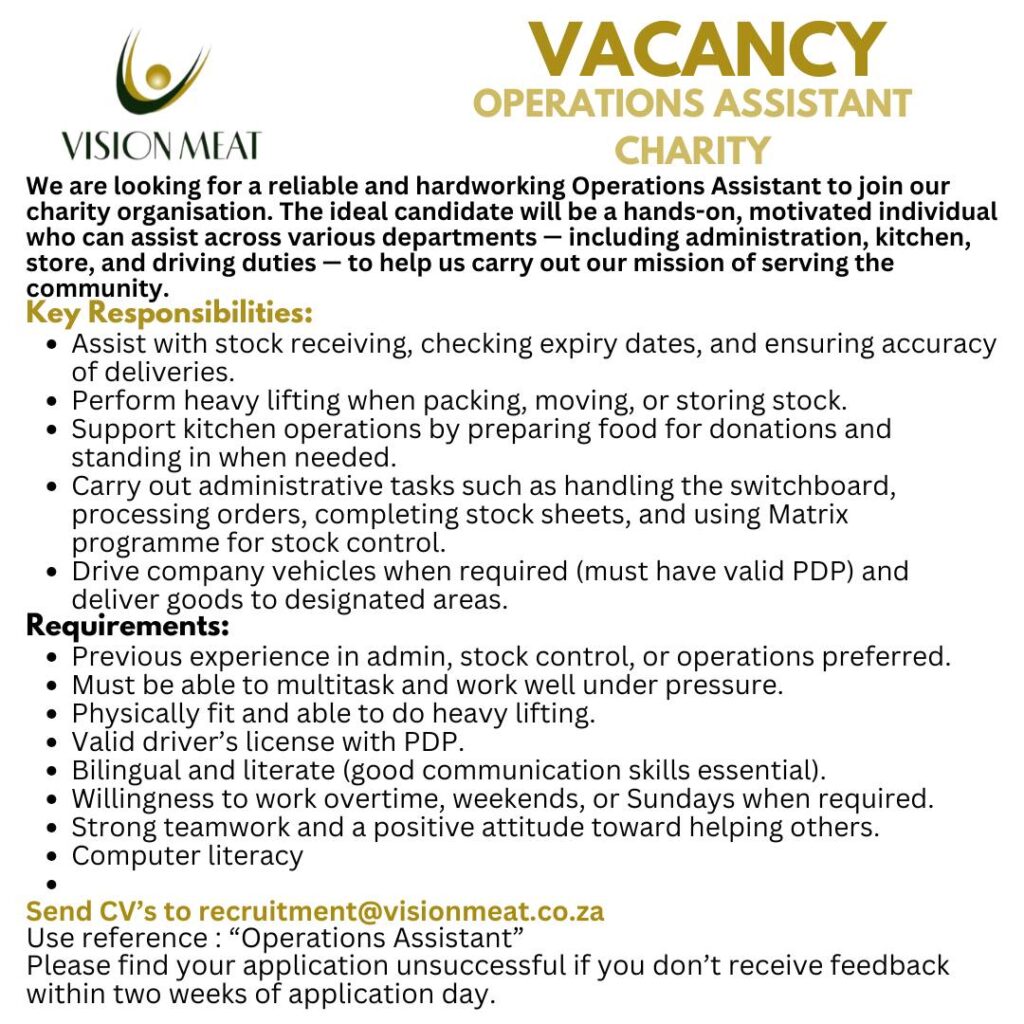 Operations Assistant vacancy Klerksdorp