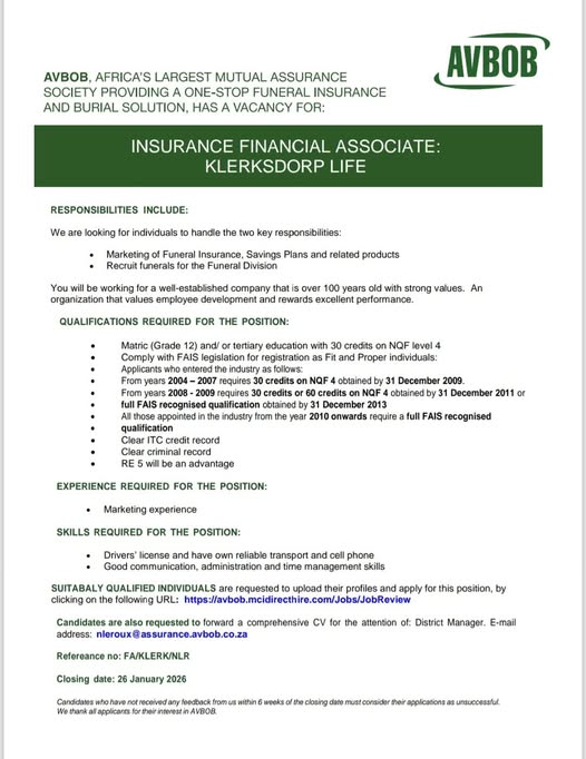 Insurance Financial Associate - Klerksdorp vacancy