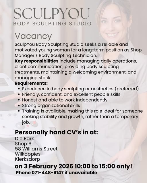 Shop Manager / Body Sculpting Technician - Klerksdorp vacancy