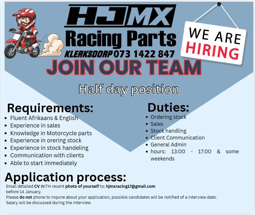 Sales Assistant (Half Day) Klerksdorp vacancy