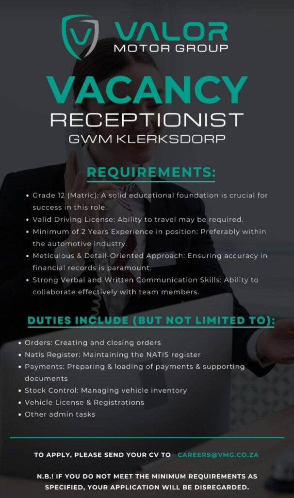 Receptionist Klerksdorp vacancy