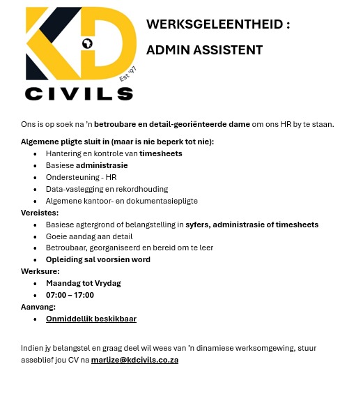 Admin Assistant Klerksdorp vacancy