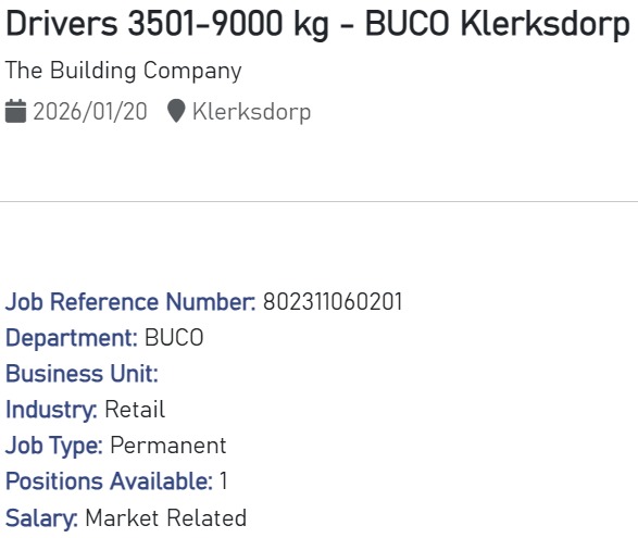 Driver 3501-9000 kg - Klerksdorp vacancy